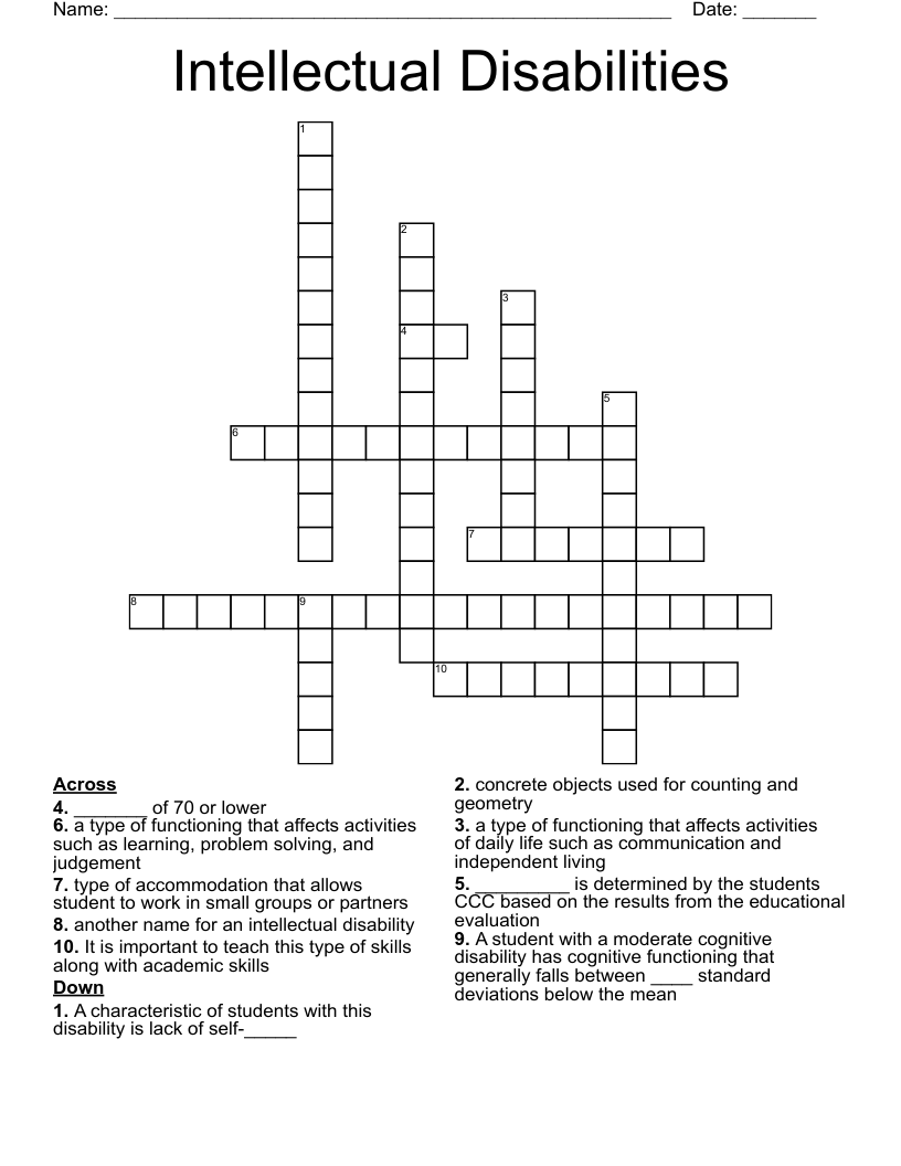 Intellectual Disabilities  Crossword
