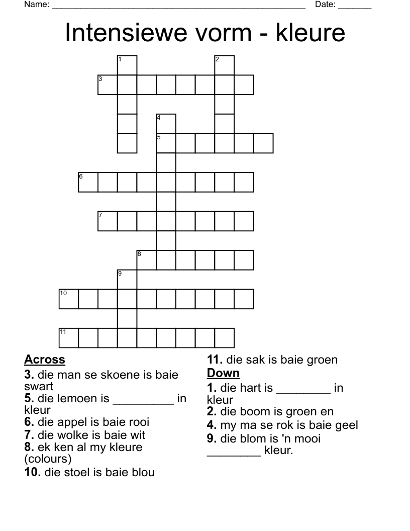 Intensiewe vorm - kleure Crossword