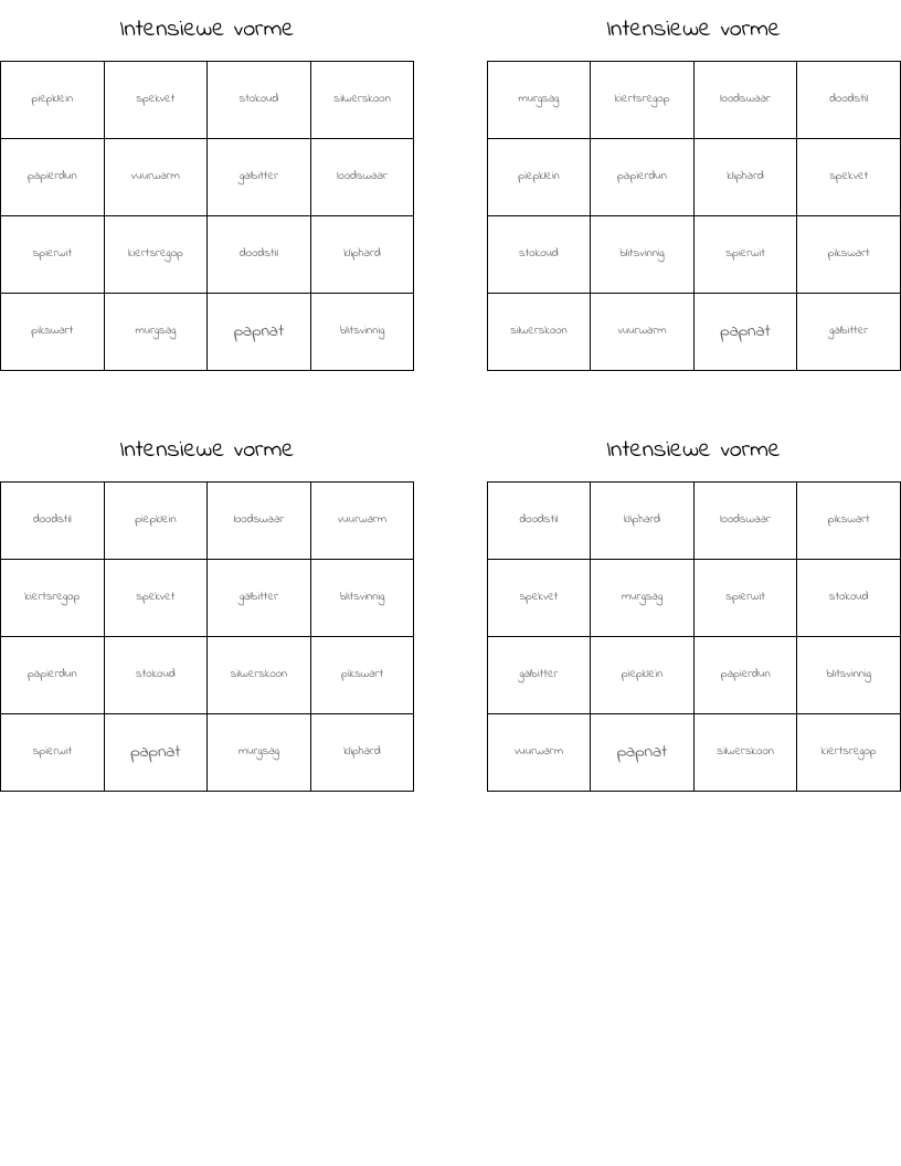 Intensiewe vorme Bingo Cards