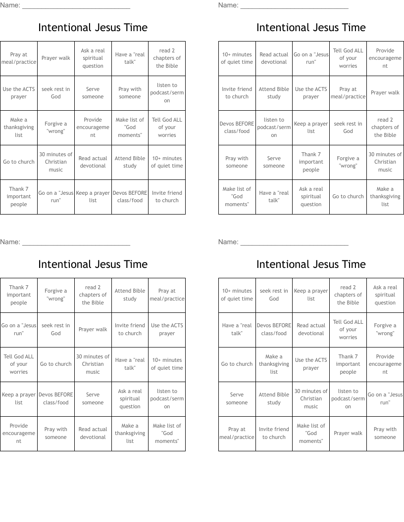 Intentional Jesus Time Bingo Cards
