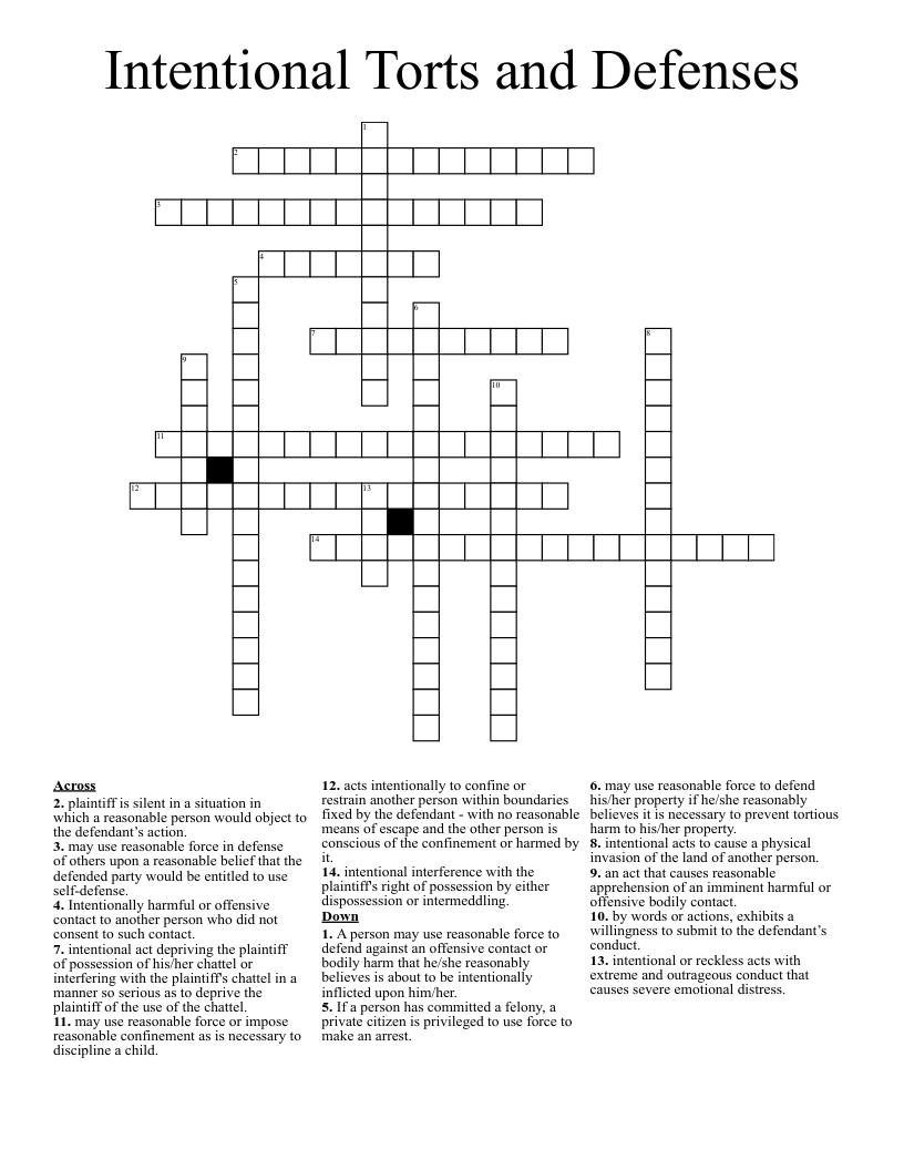 Intentional Torts and Defenses Crossword
