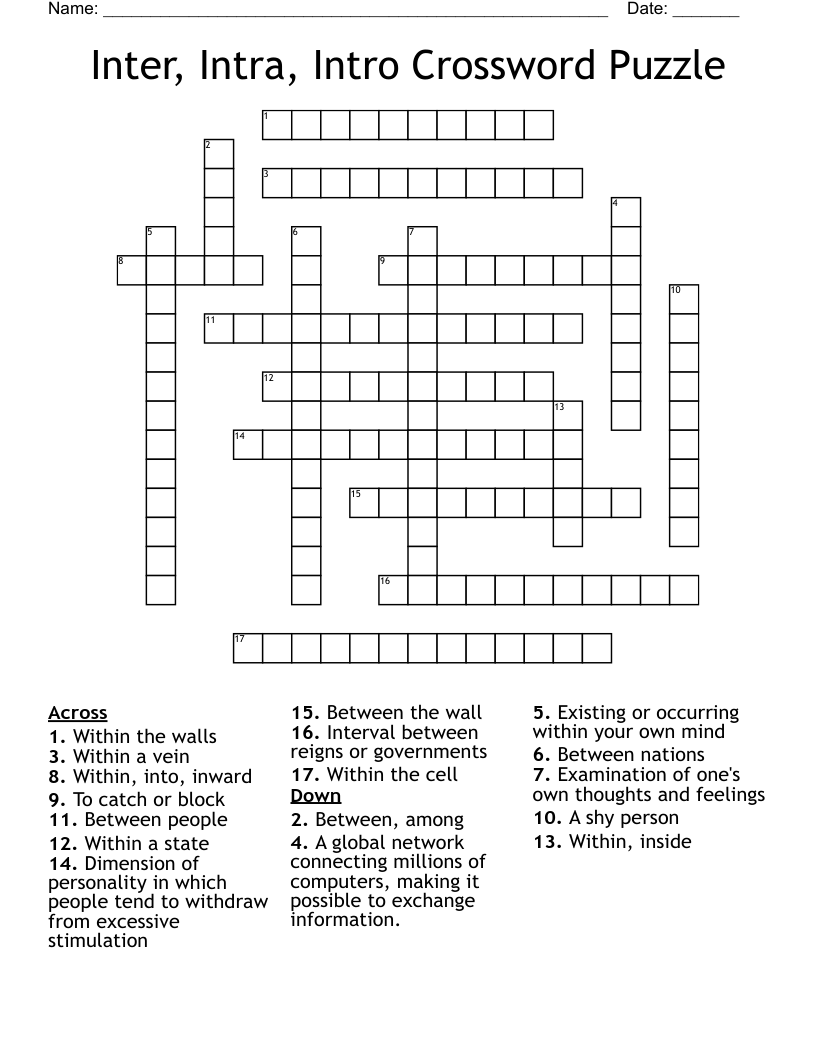 Inter, Intra, Intro Crossword Puzzle 