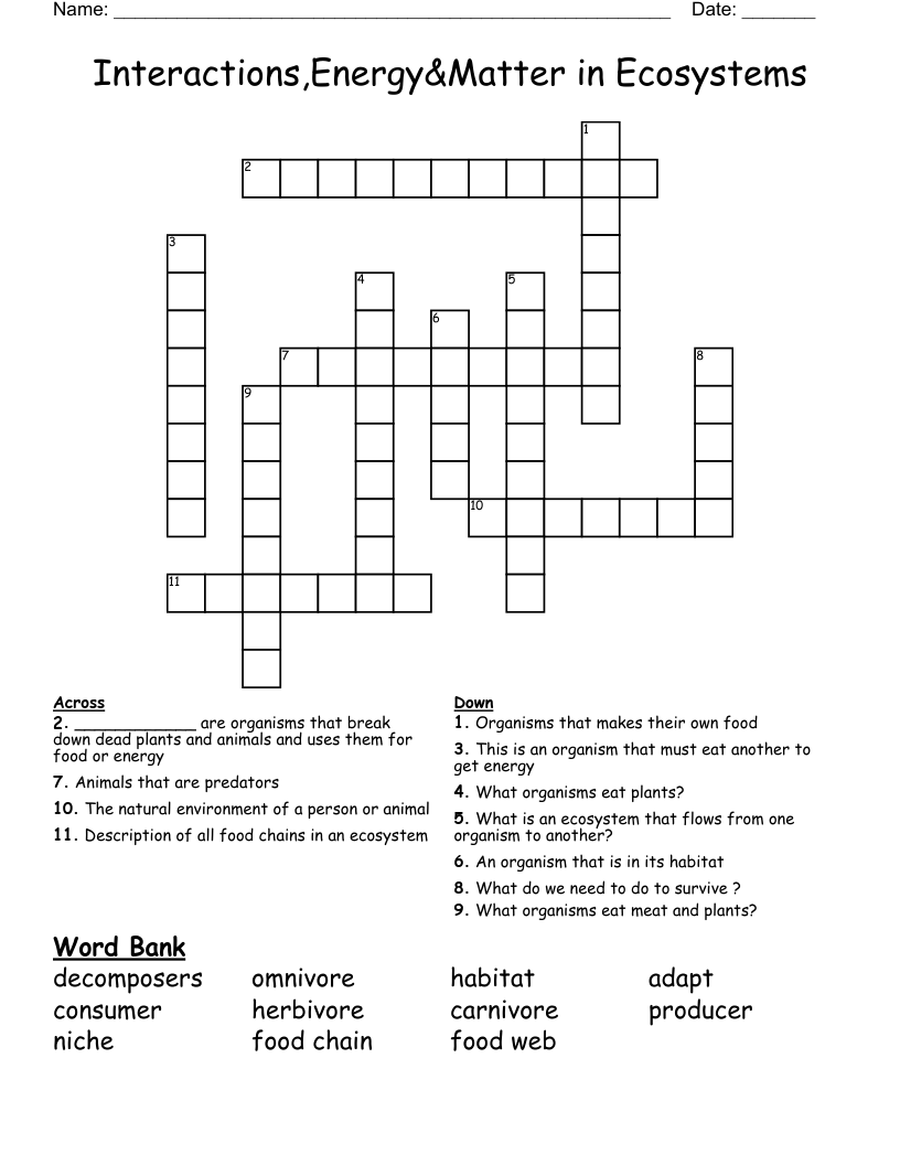 Interactions,Energy&Matter in Ecosystems Crossword