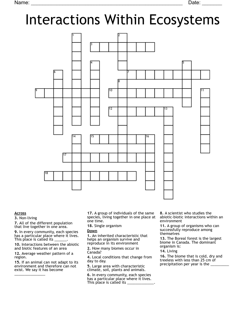 Interactions Within Ecosystems Crossword