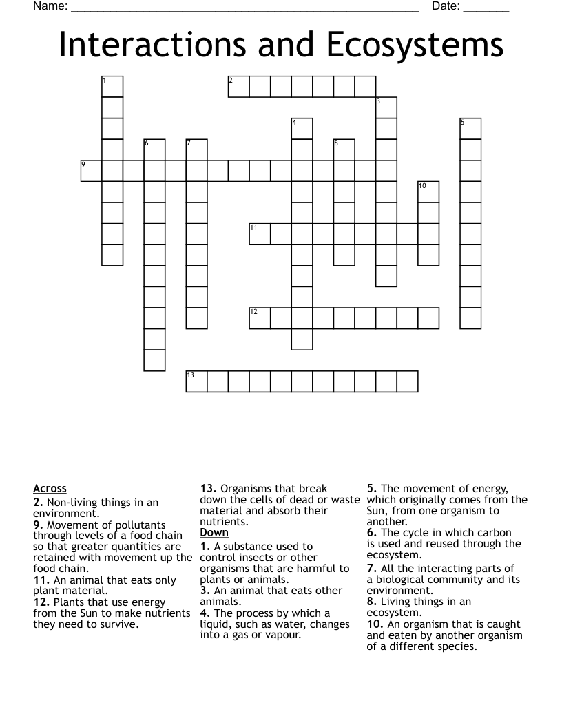 Interactions and Ecosystems Crossword