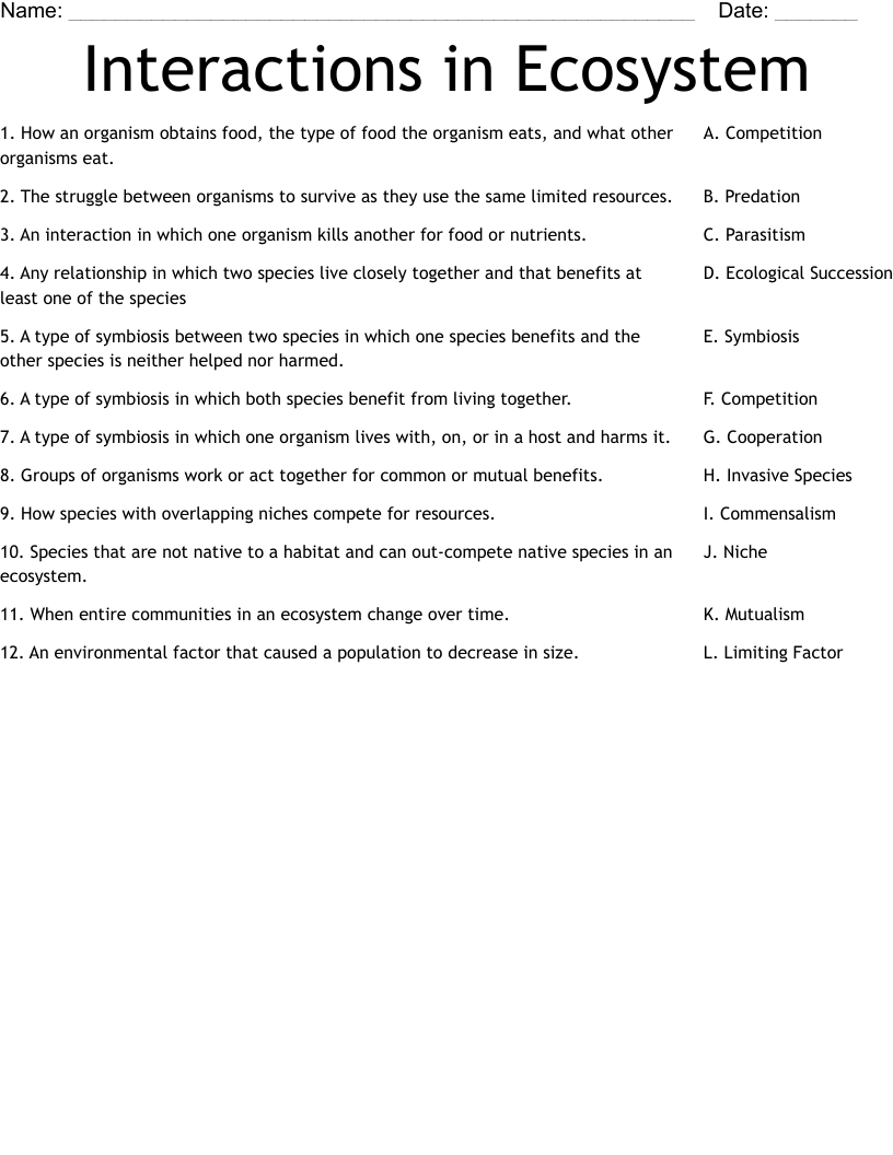 Interactions in Ecosystem Worksheet