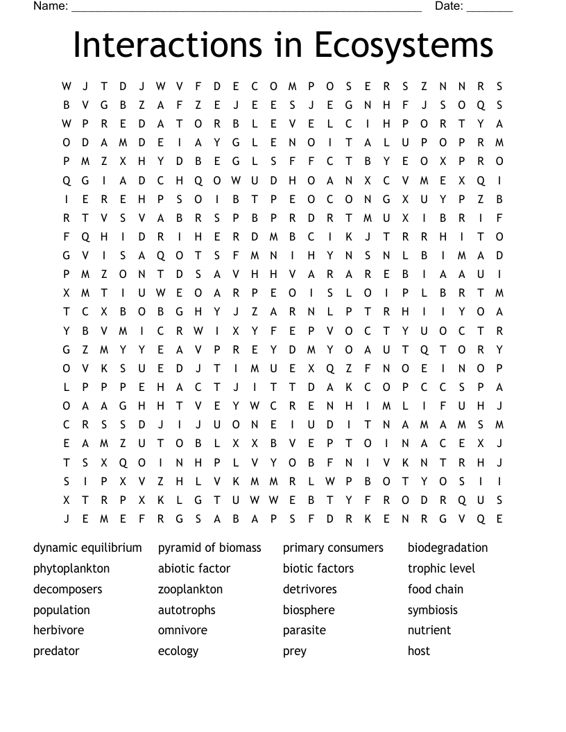 Interactions in Ecosystems Word Search