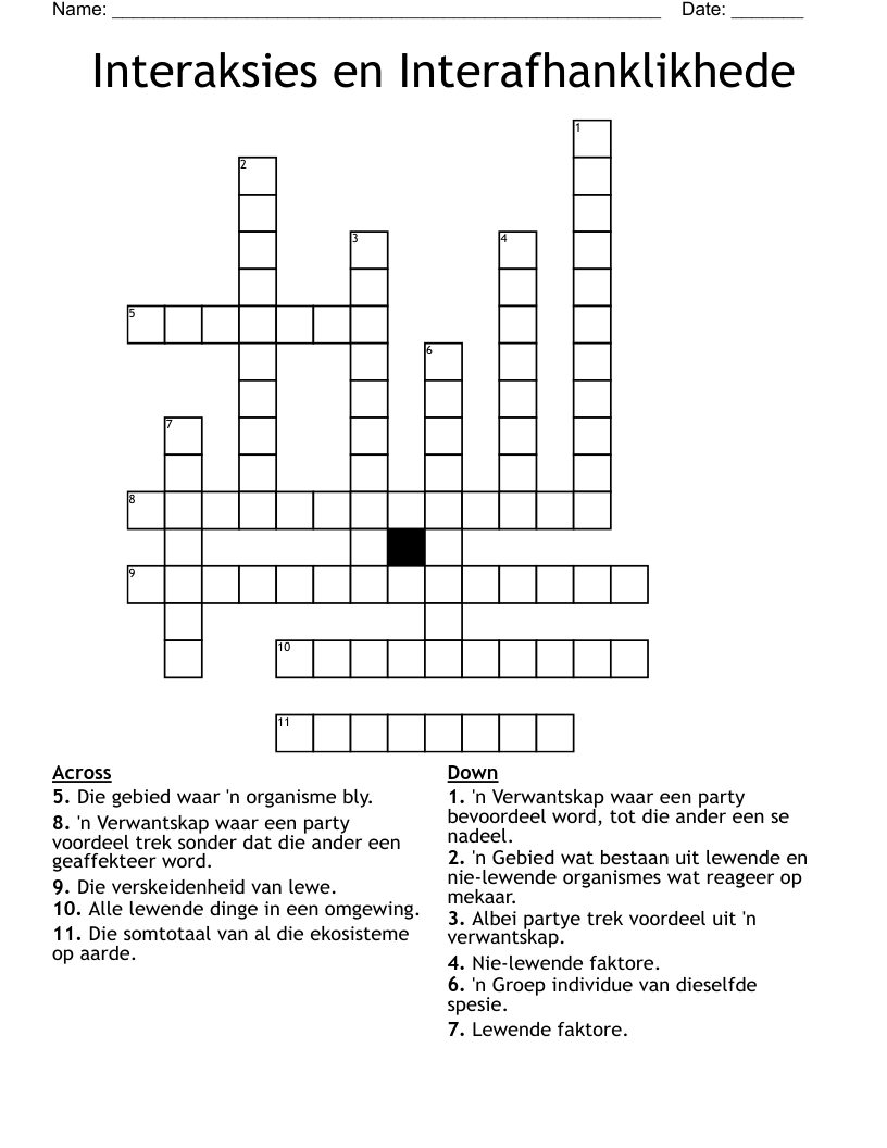 Interaksies en Interafhanklikhede Crossword