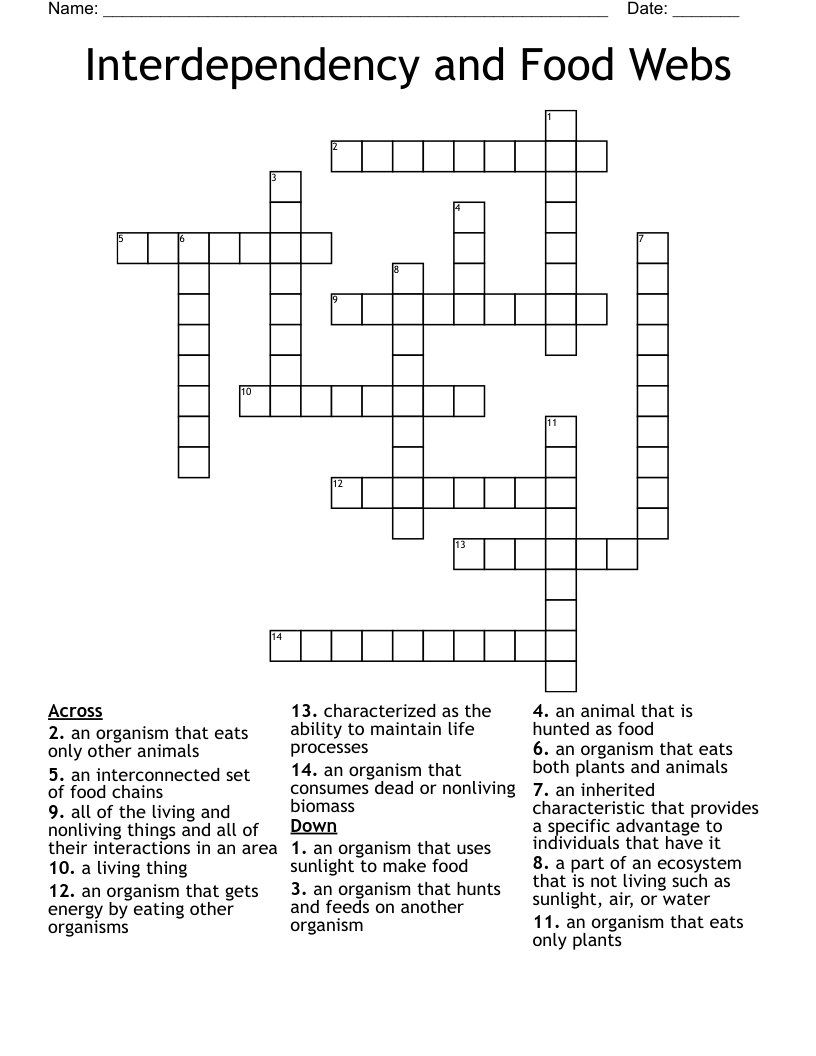 Interdependency and Food Webs Crossword
