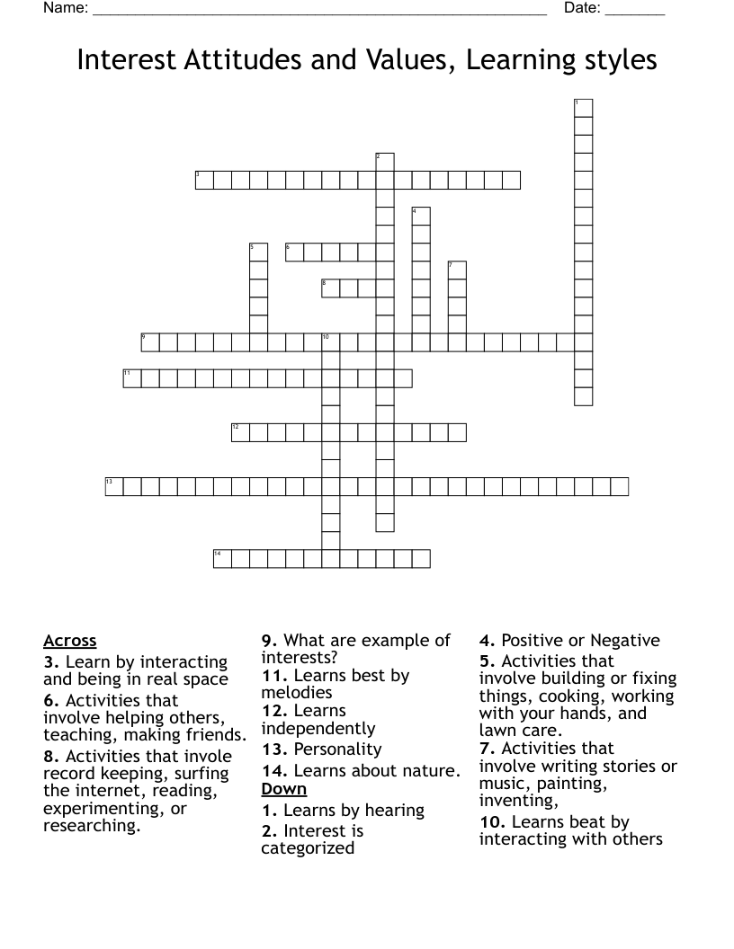 Interest Attitudes and Values, Learning styles Crossword