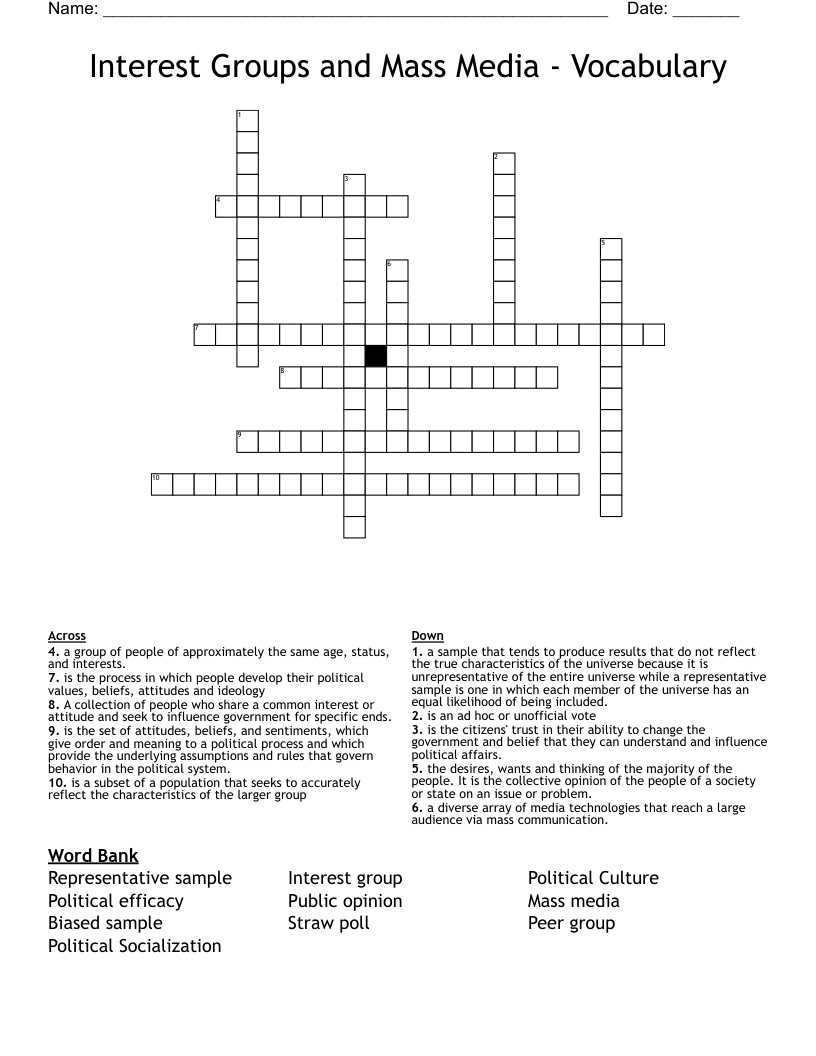 Interest Groups and Mass Media - Vocabulary  Crossword