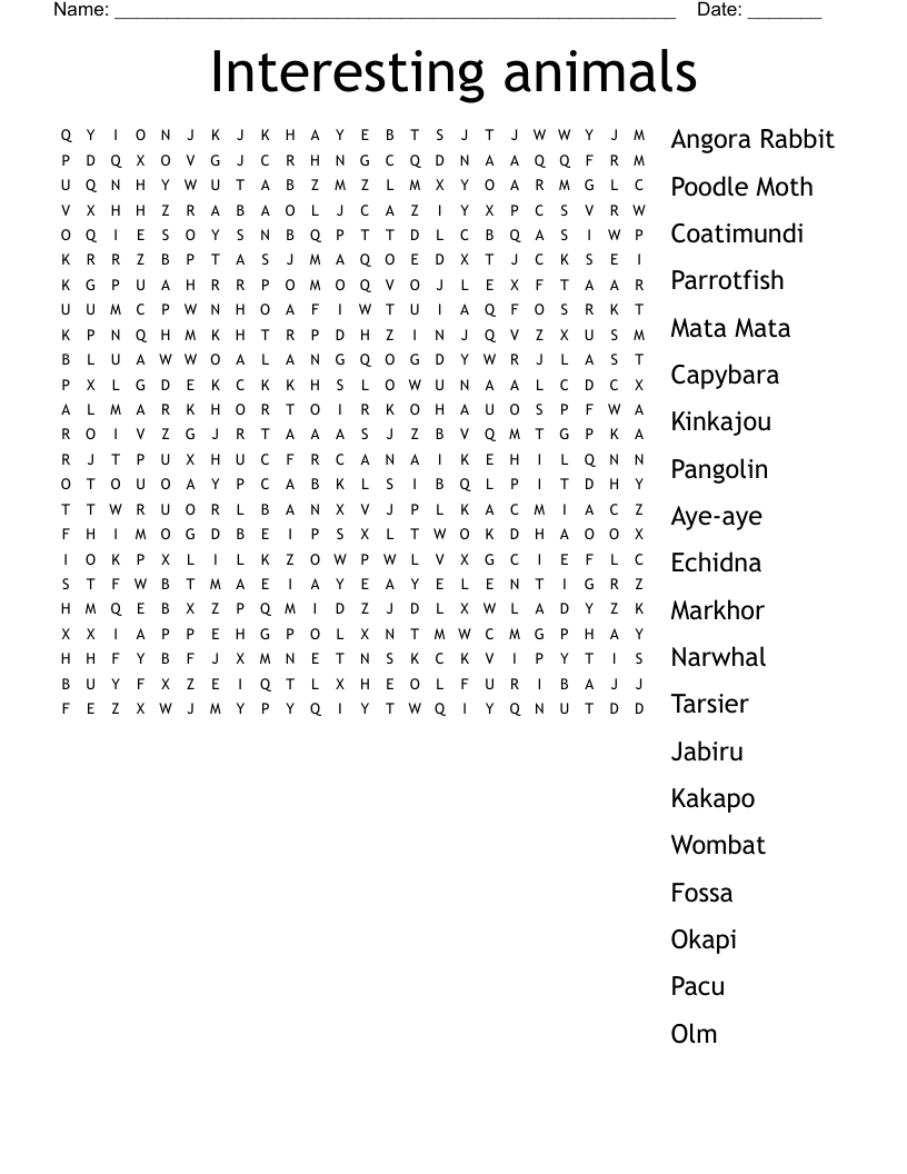 Interesting animals Word Search