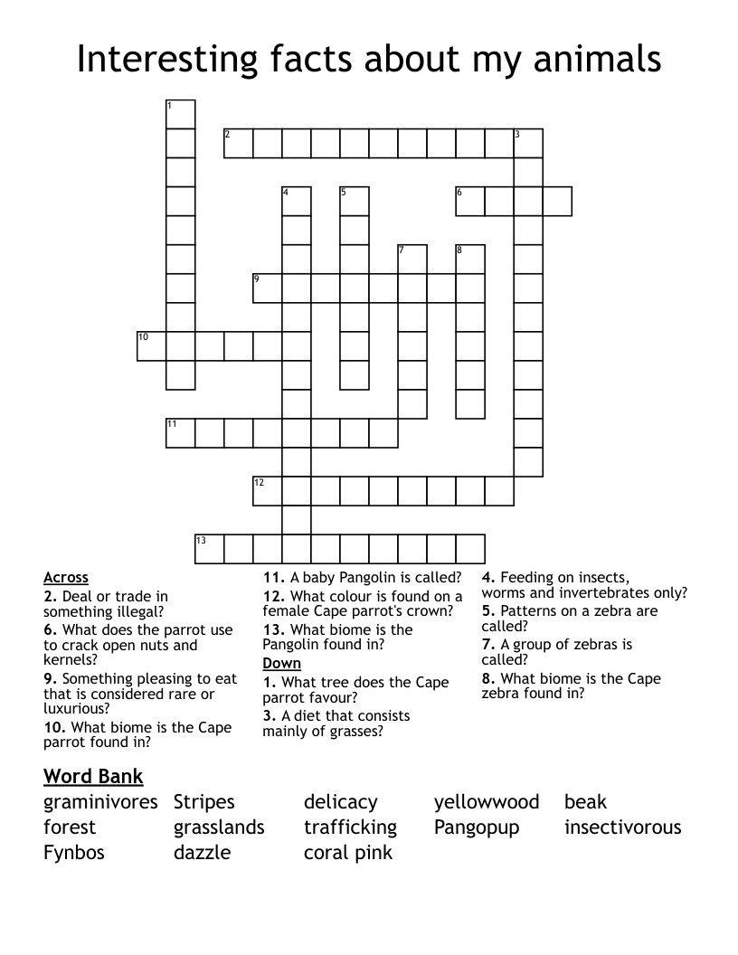 Interesting facts about my animals Crossword