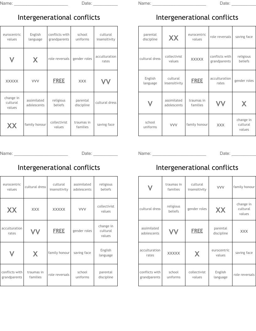 Intergenerational conflicts  Bingo Cards