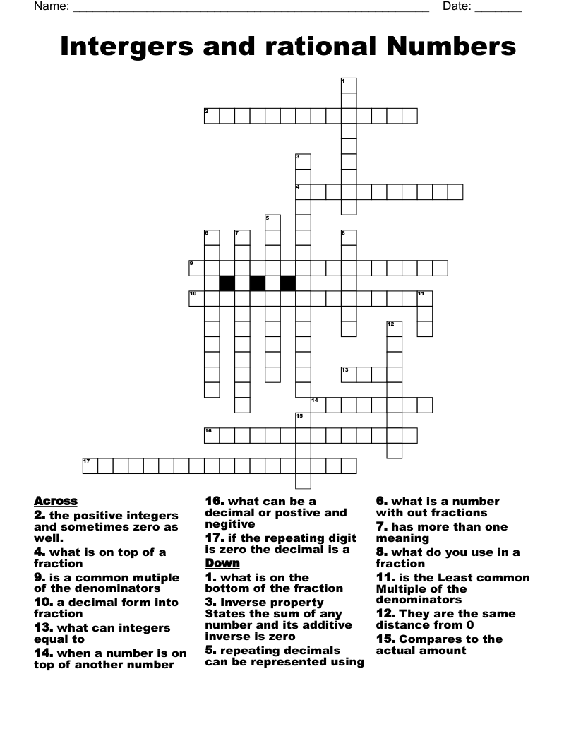 Intergers and rational Numbers Crossword