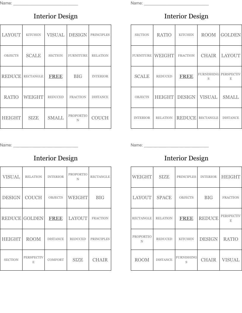 Interior Design Bingo Cards
