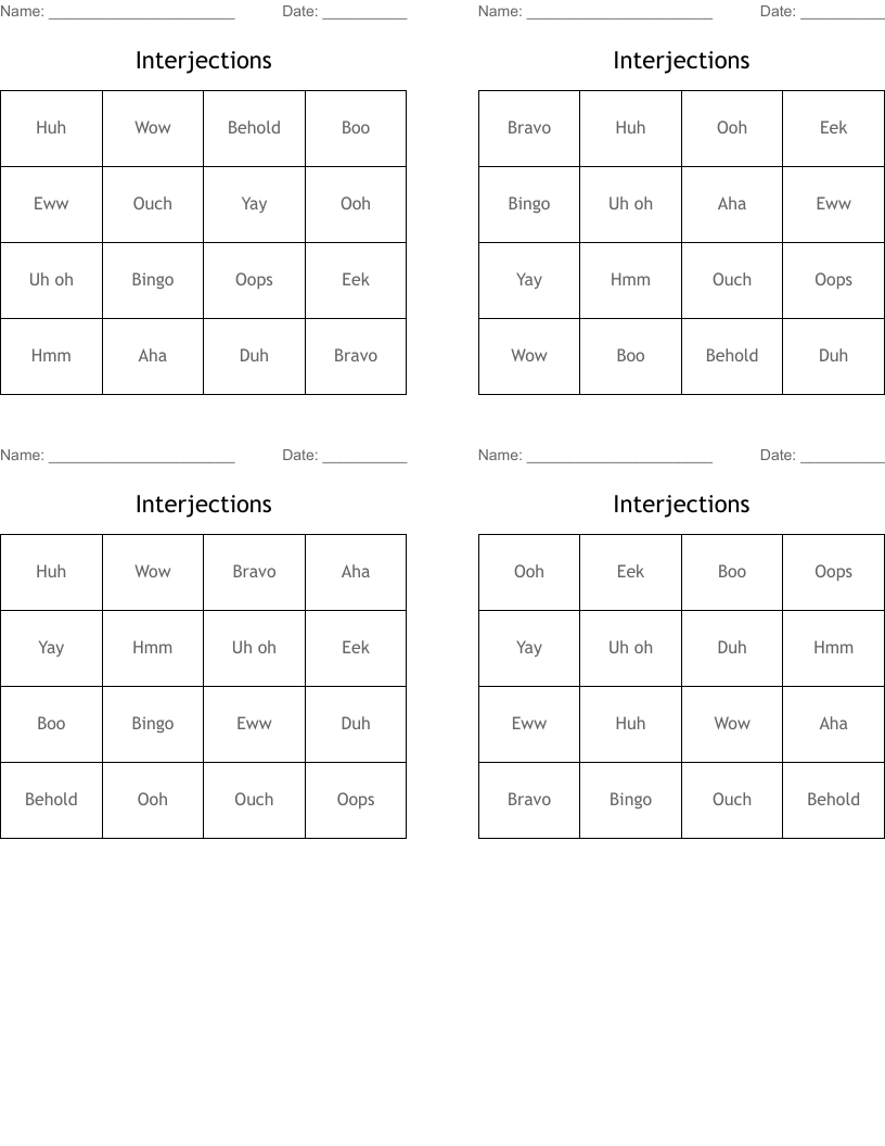 Interjections  Bingo Cards