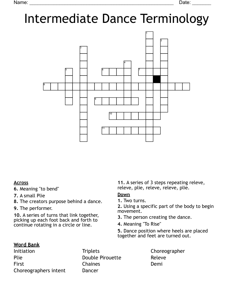 Intermediate Dance Terminology Crossword
