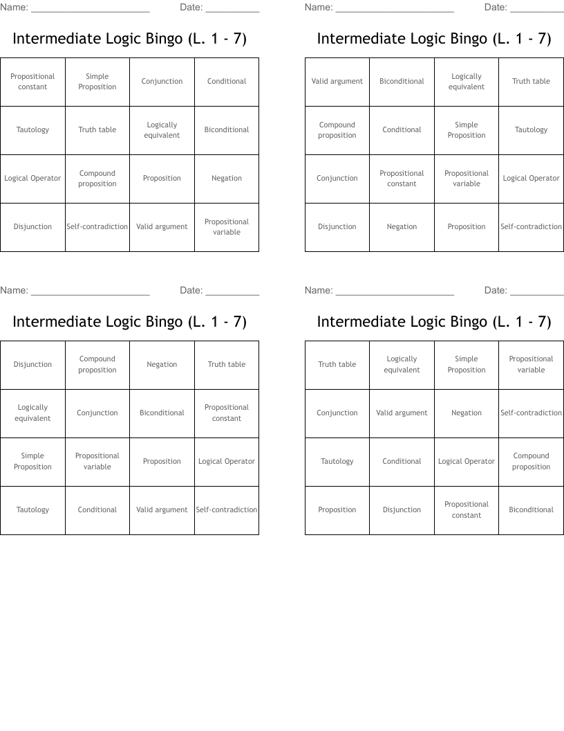Intermediate Logic Bingo (L. 1 - 7)