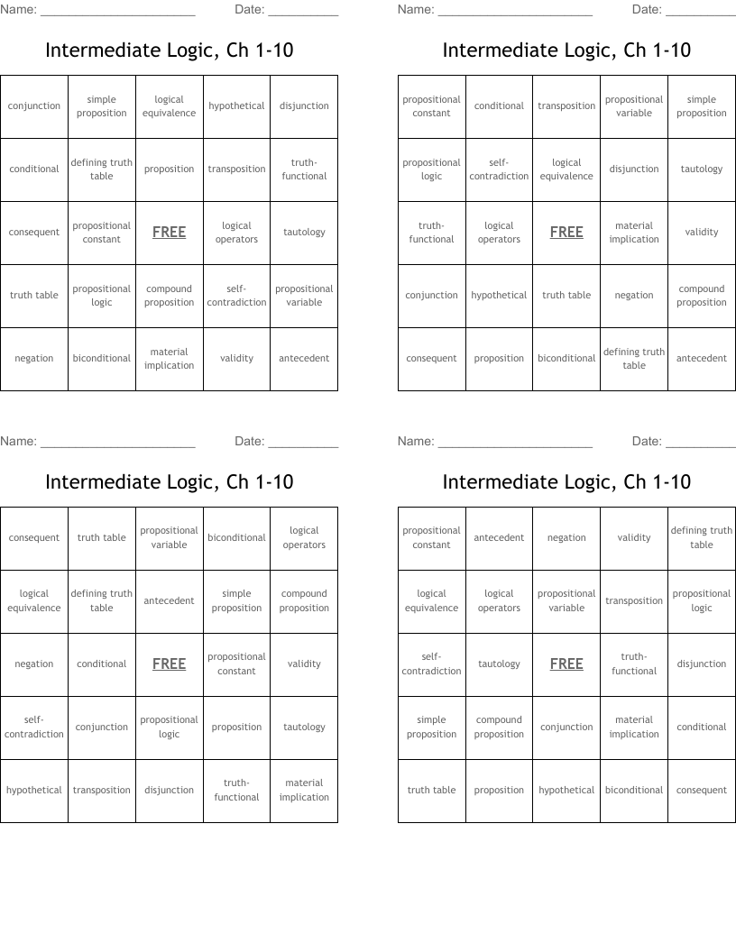 Intermediate Logic, Ch 1-10 Bingo Cards
