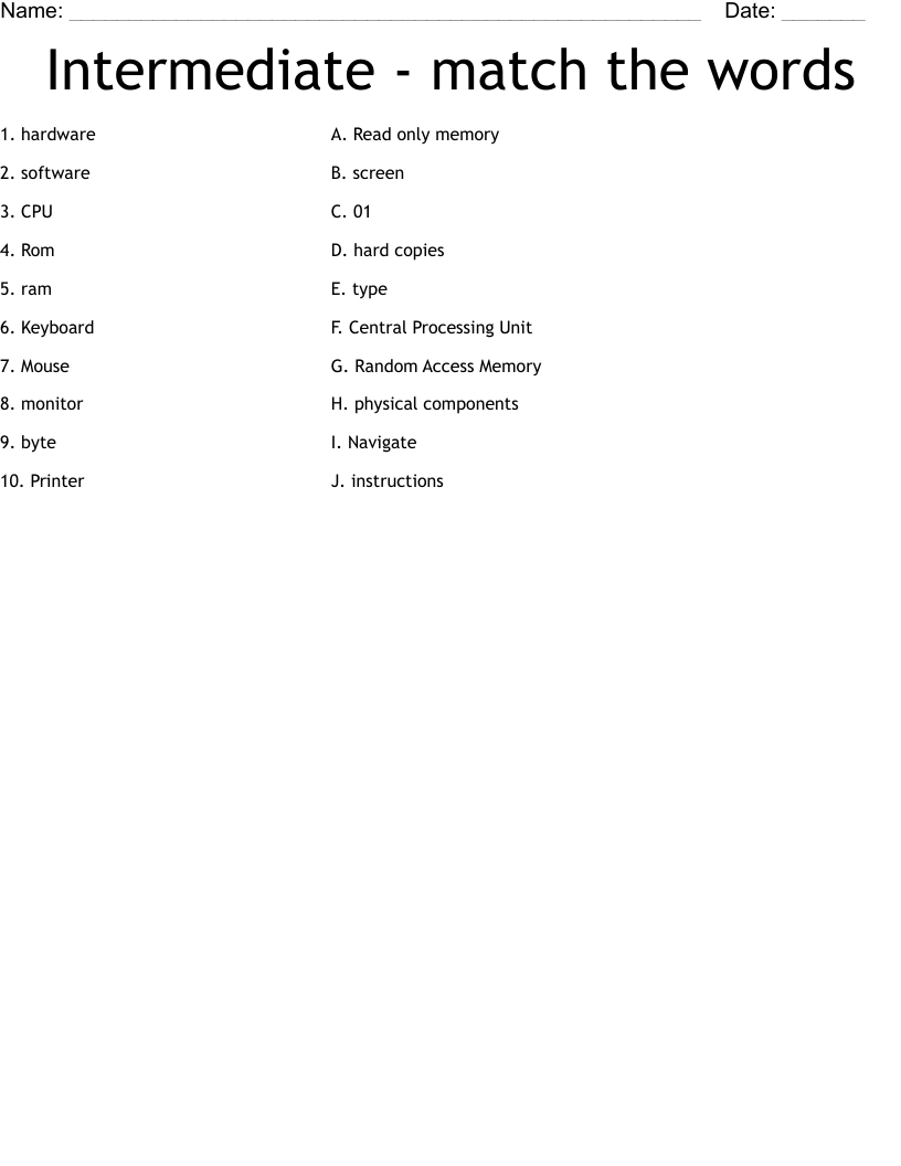 Intermediate - match the words Worksheet