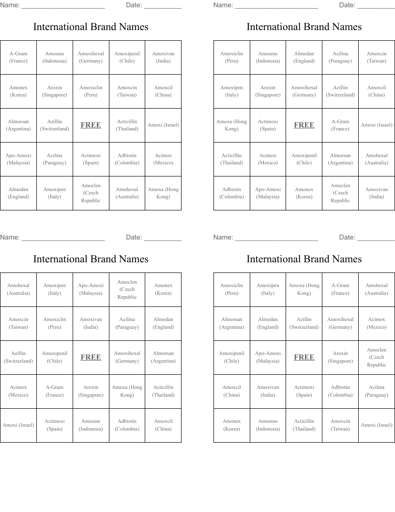 International Brand Names  Bingo Cards