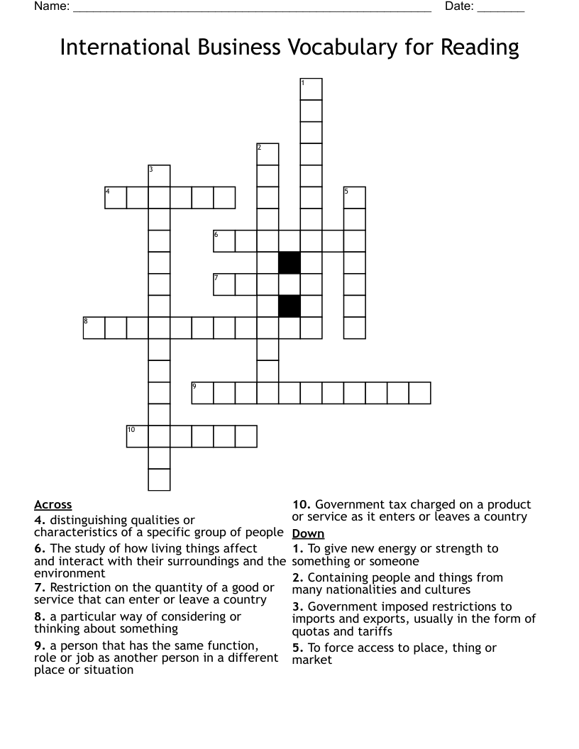 International Business Vocabulary for Reading Crossword