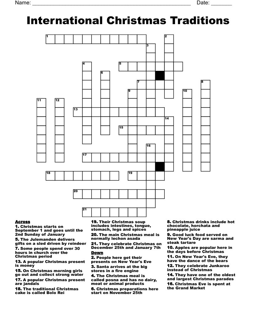 International Christmas Traditions Crossword