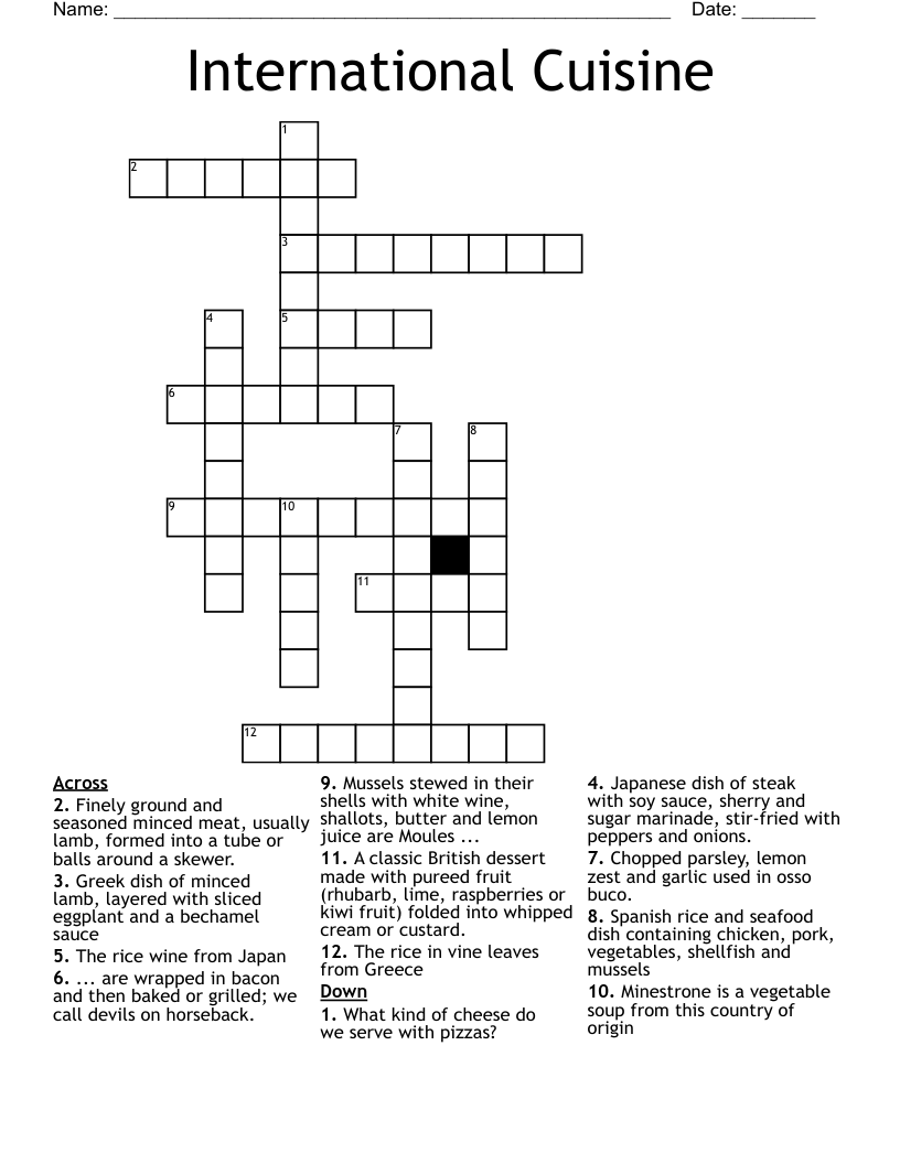 International Cuisine Crossword