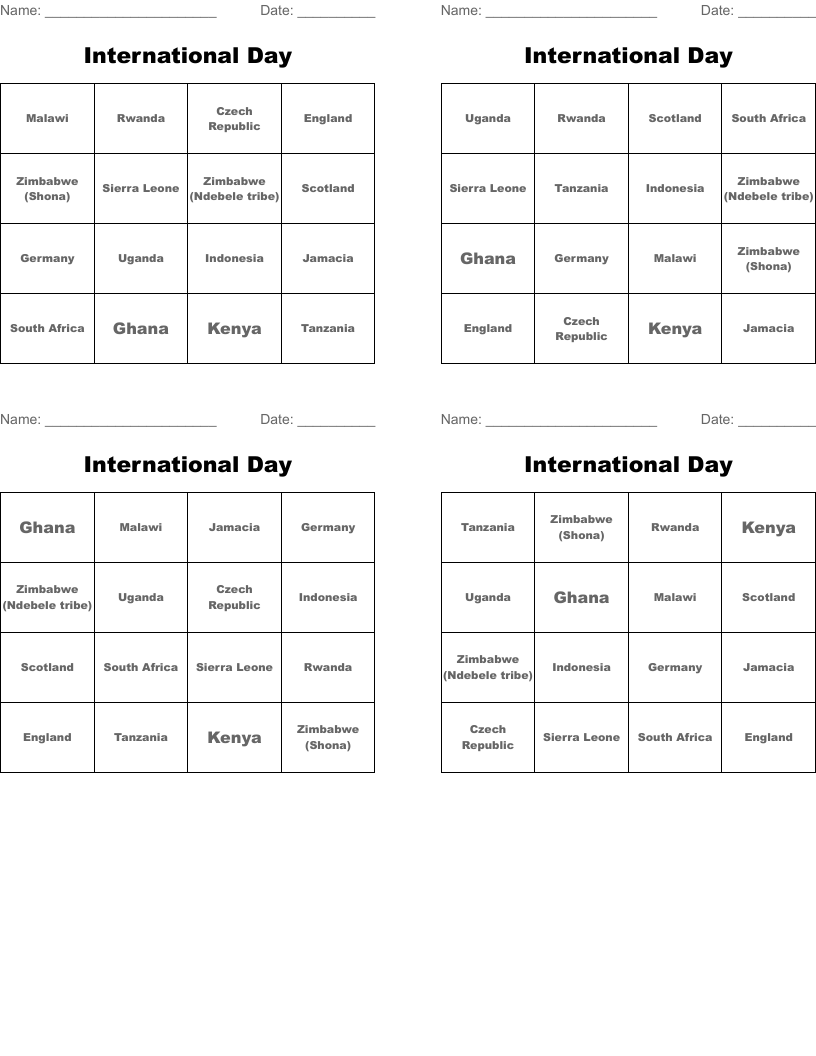 International Day  Bingo Cards