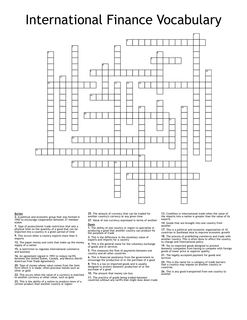 International Finance Vocabulary Crossword