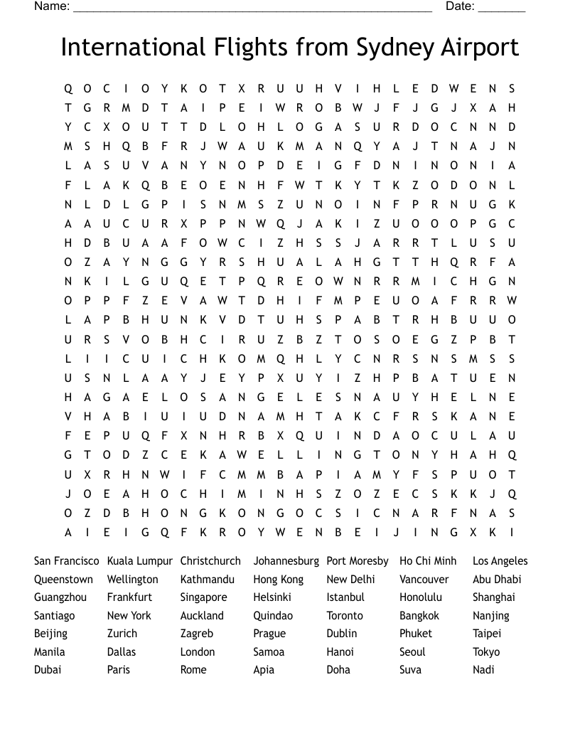 International Flights from Sydney Airport Word Search