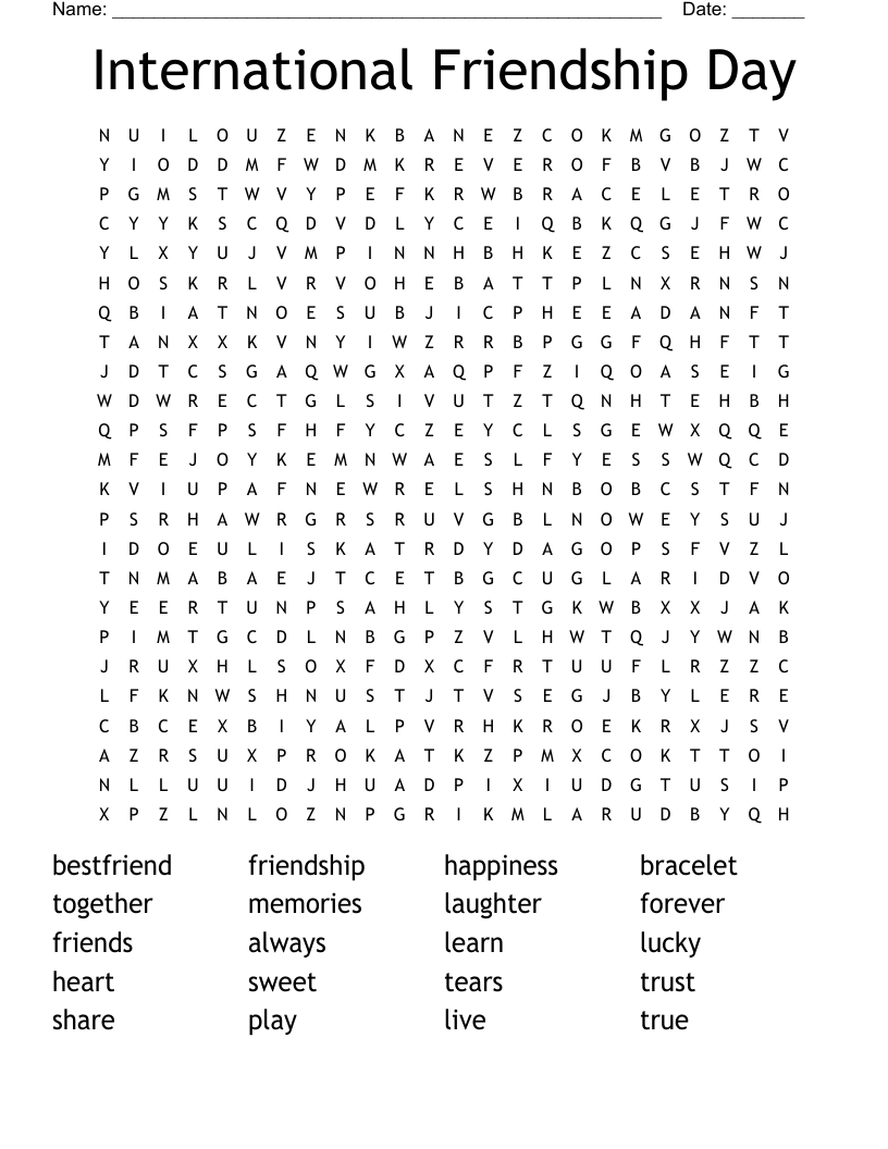 International Friendship Day Word Search