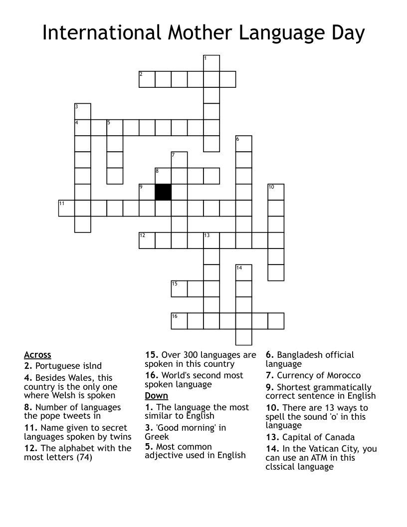 International Mother Language Day Crossword