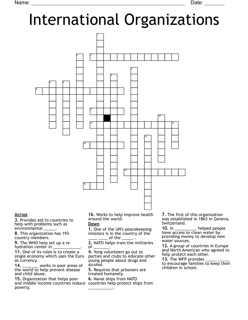 International Organizations  Crossword