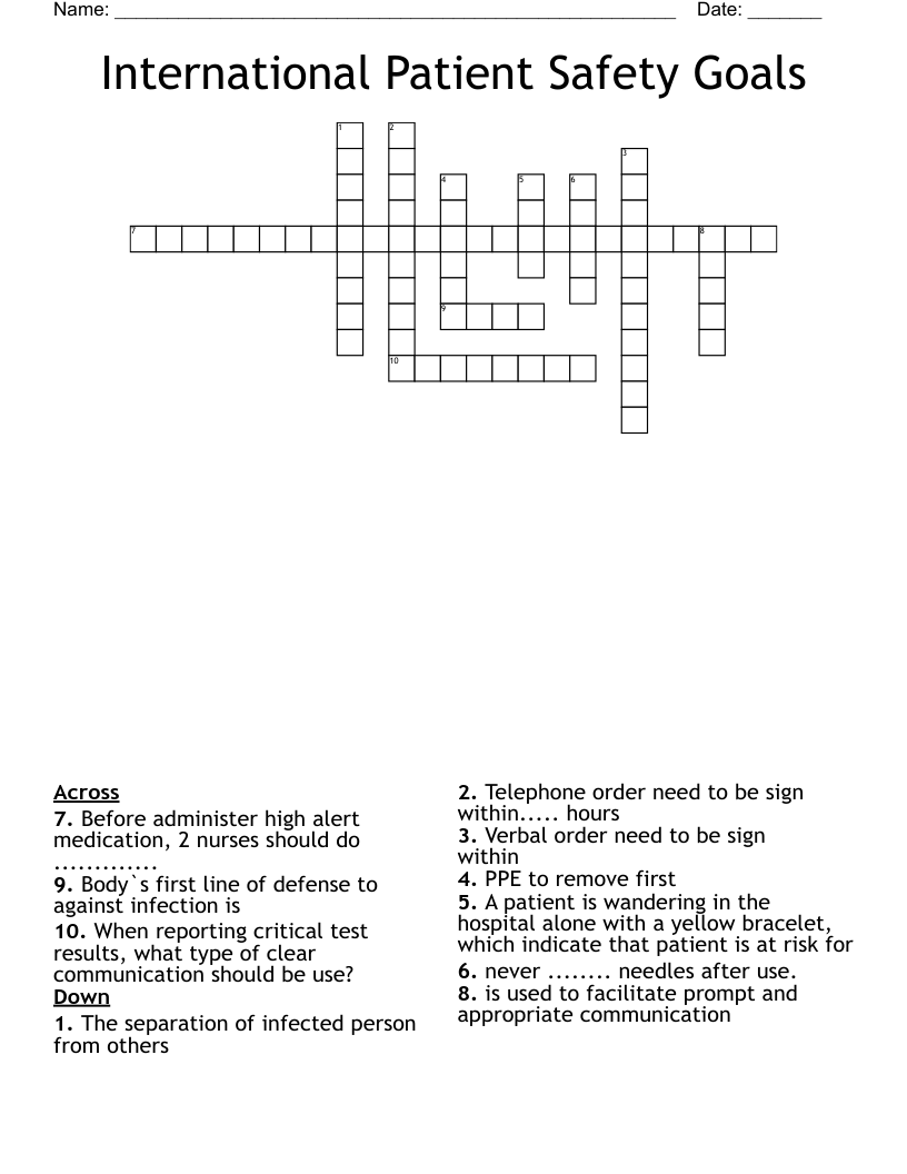 International Patient Safety Goals  Crossword