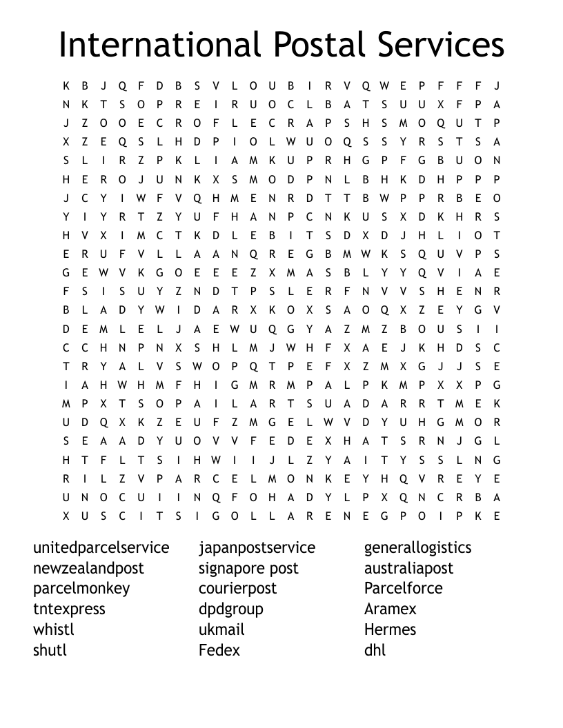 International Postal Services Word Search