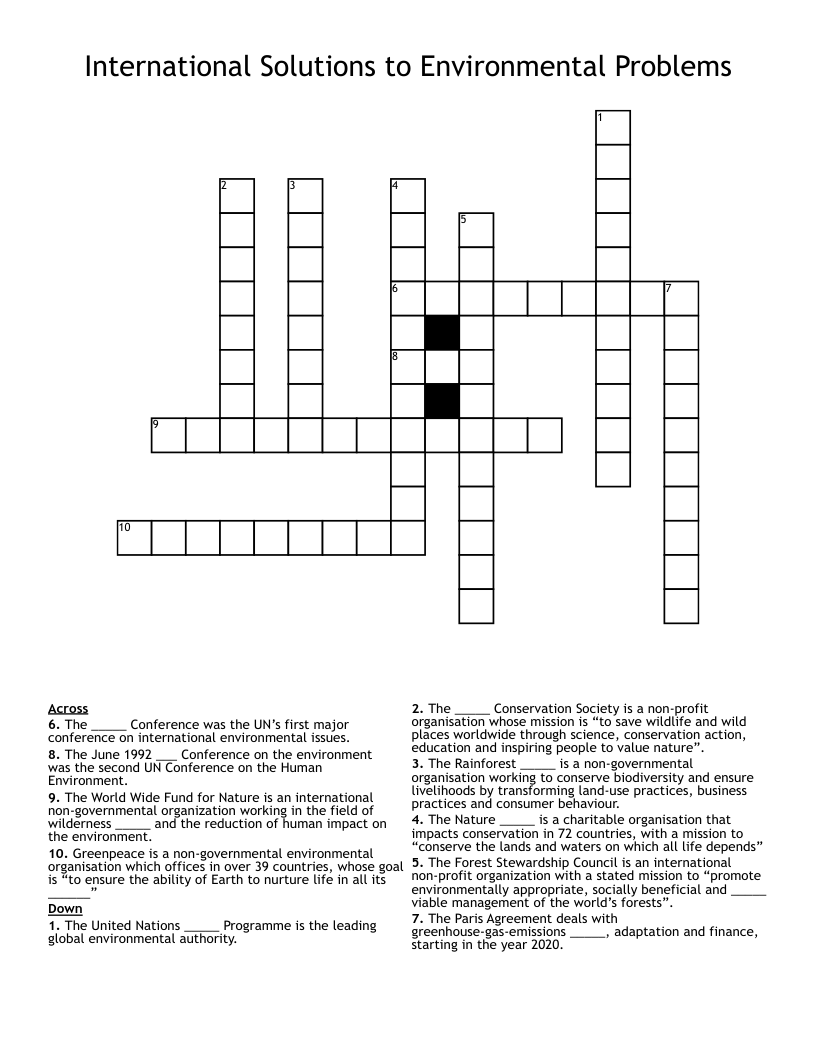 International Solutions to Environmental Problems Crossword
