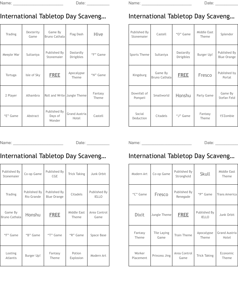 International Tabletop Day Scavenger Hunt Bingo Cards