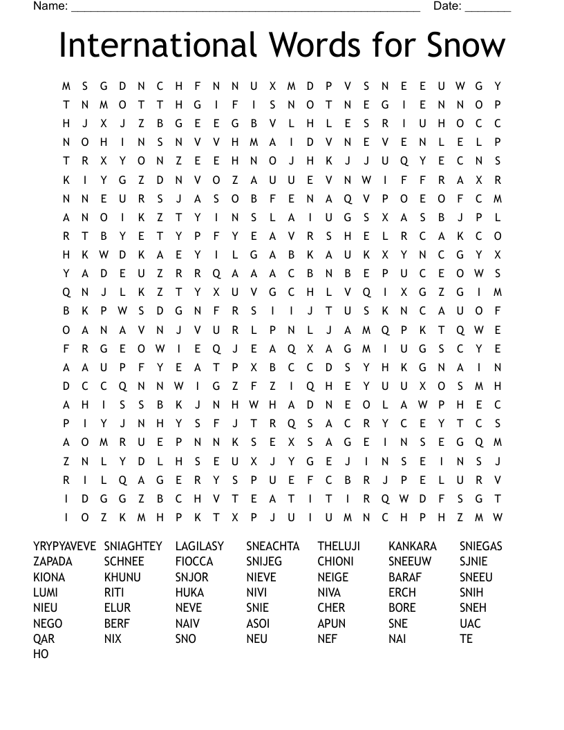 International Words for Snow Word Search
