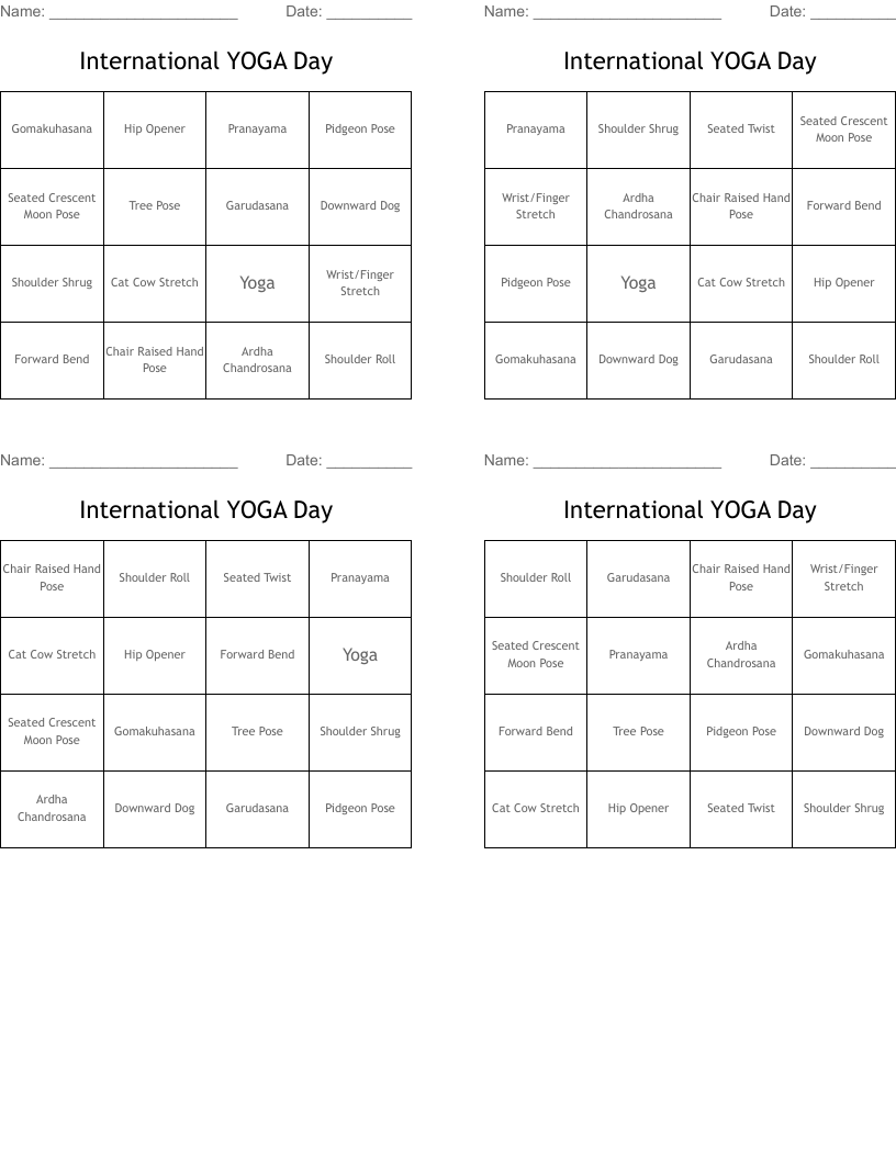 International YOGA Day Bingo Cards