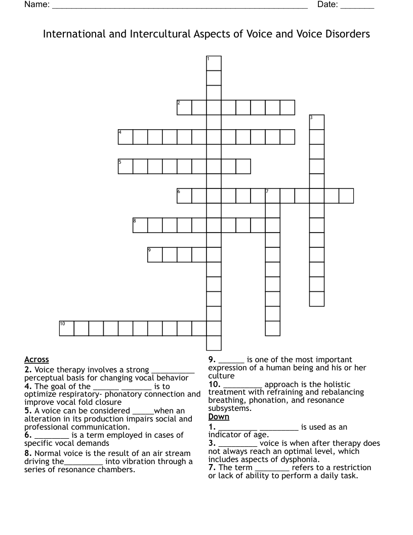 International and Intercultural Aspects of Voice and Voice Disorders Crossword