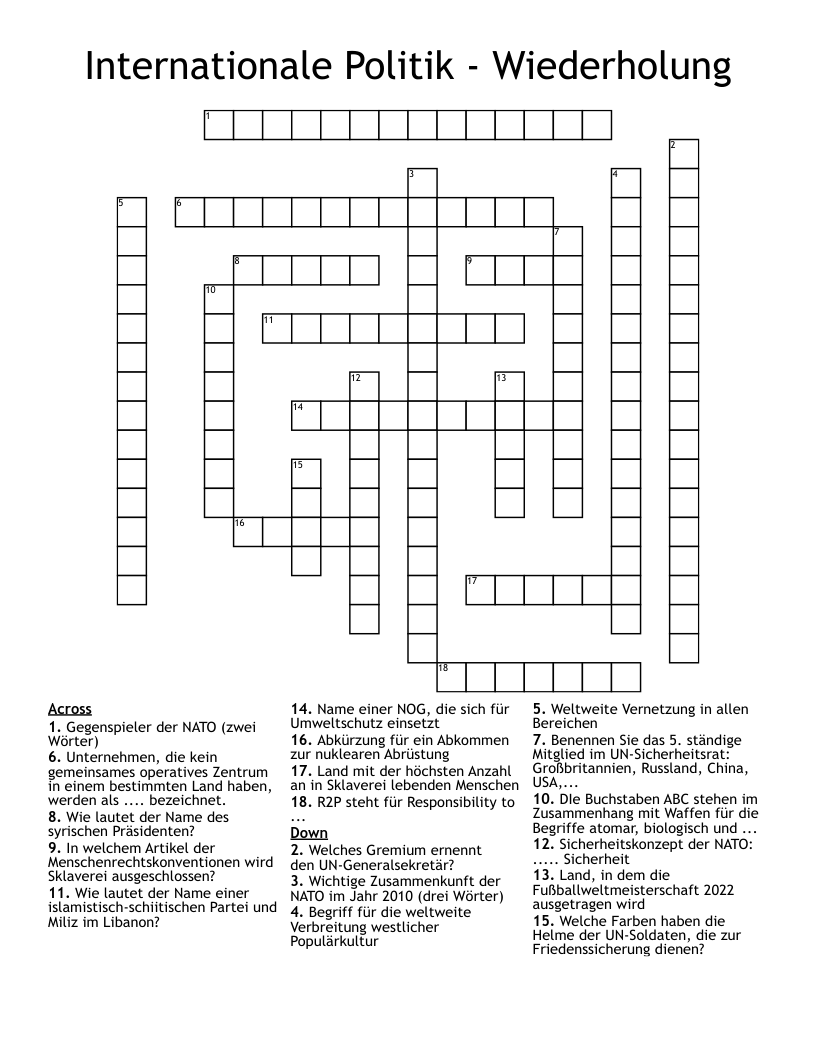 Internationale Politik - Wiederholung Crossword