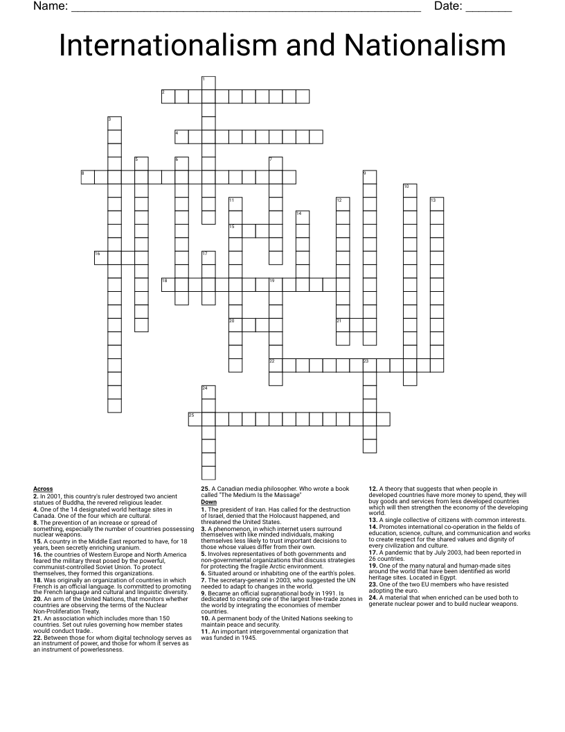 Internationalism and Nationalism Crossword