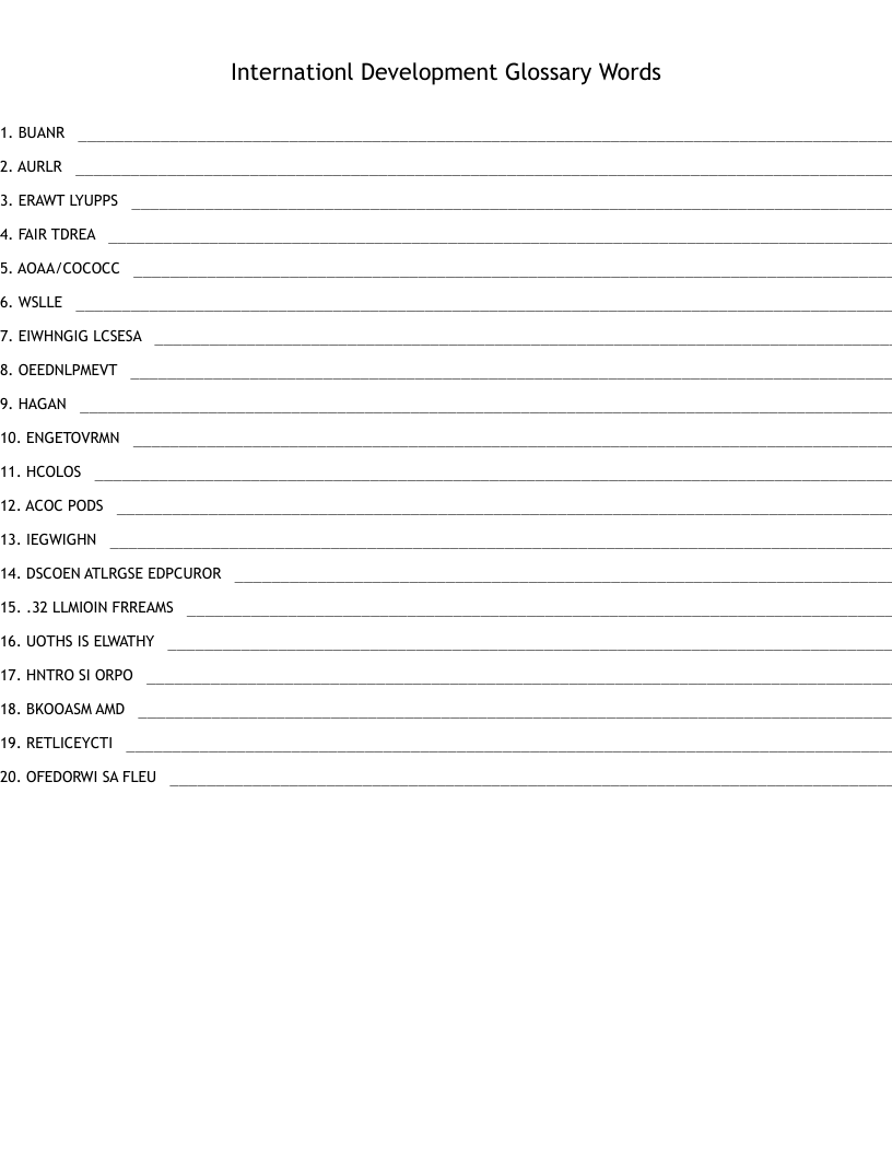 Internationl Development Glossary Words                                                      Word Scramble