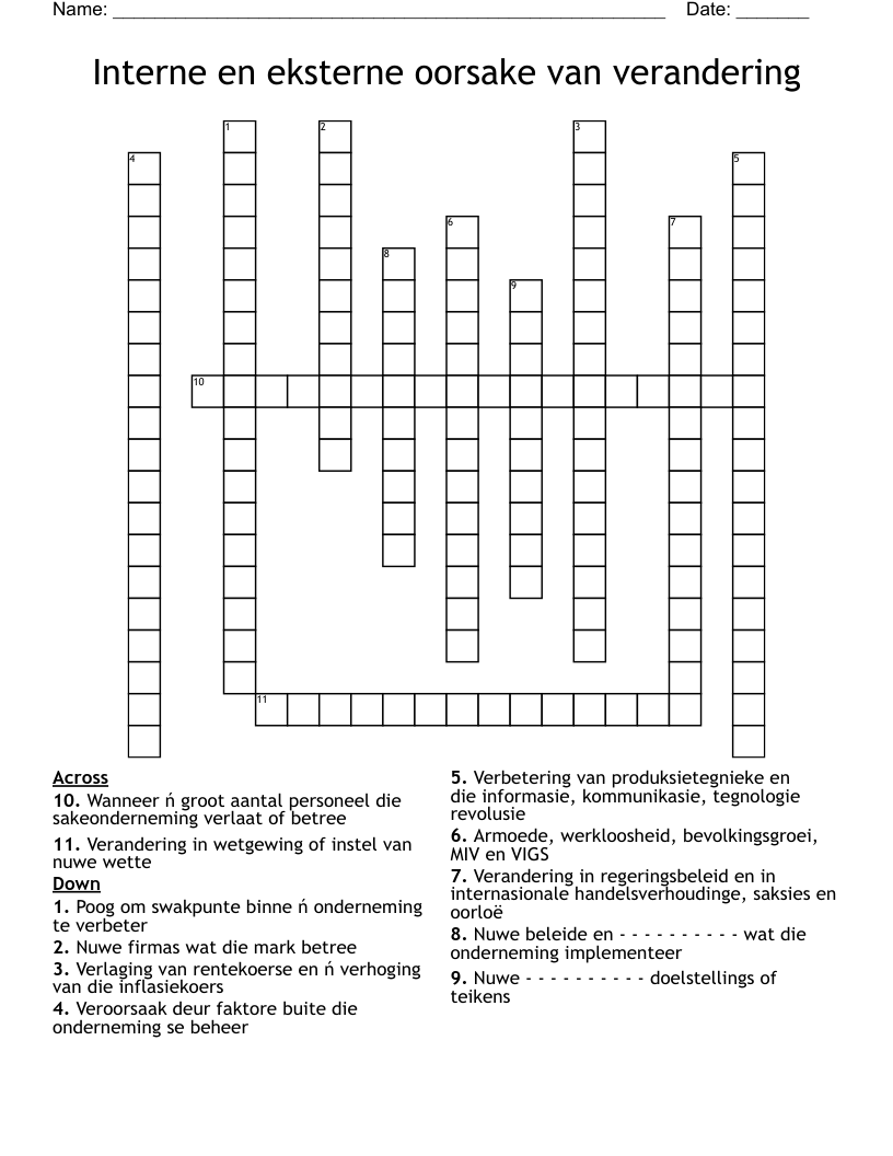 Interne en eksterne oorsake van verandering Crossword