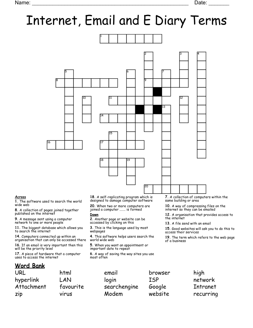 Internet, Email and E Diary Terms Crossword
