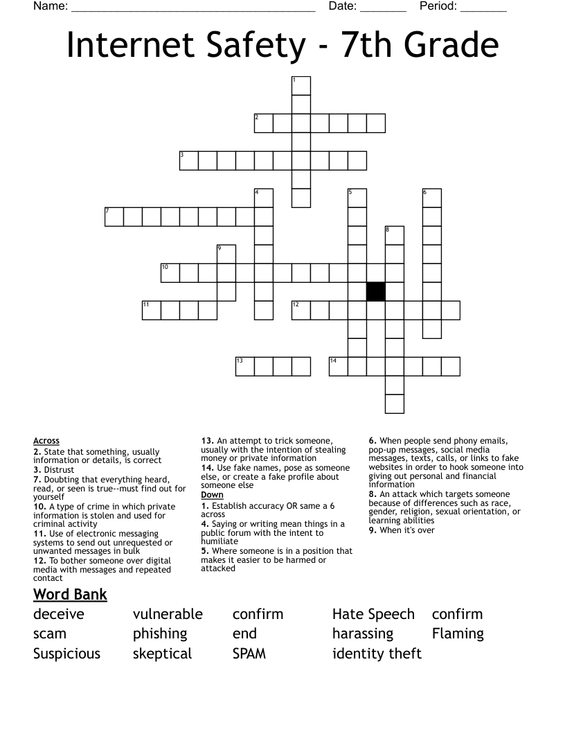 Internet Safety - 7th Grade Crossword