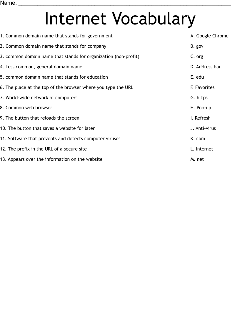 Internet Vocabulary Worksheet