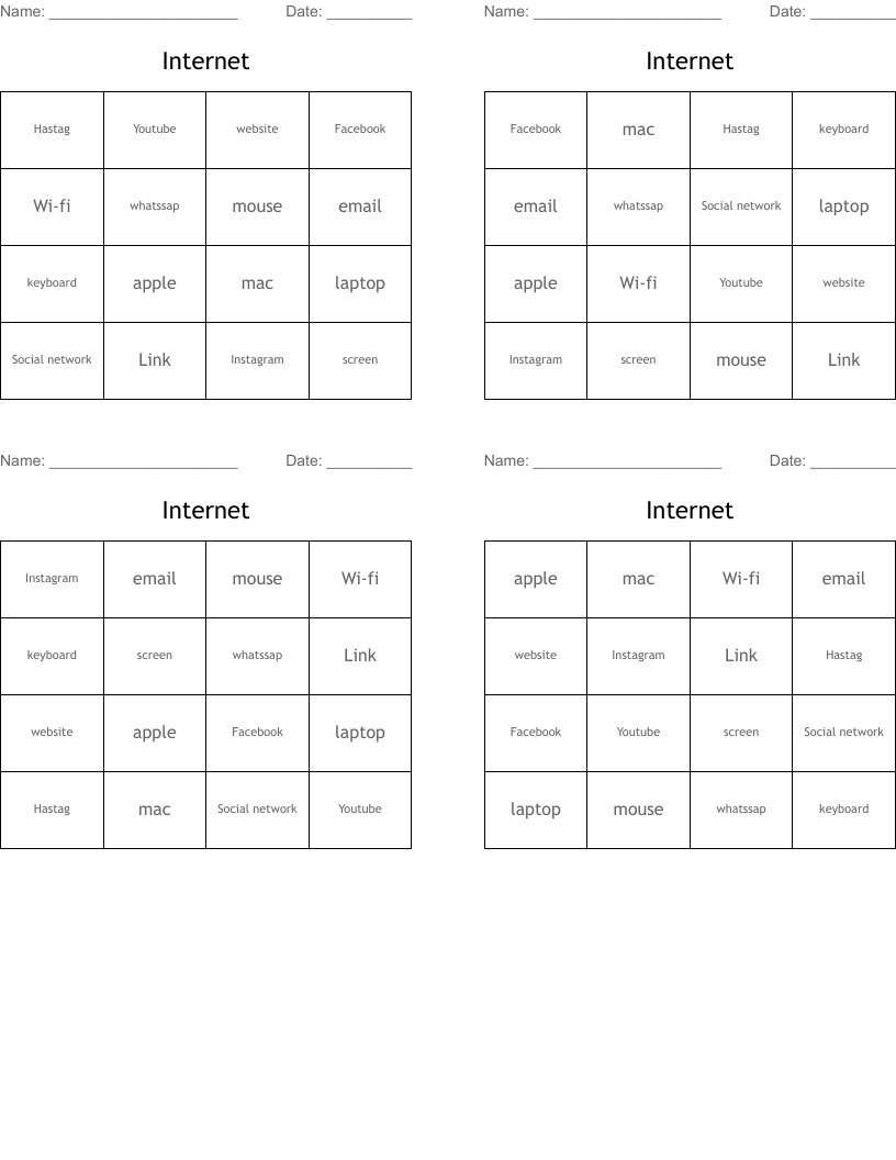 Internet  Bingo Cards